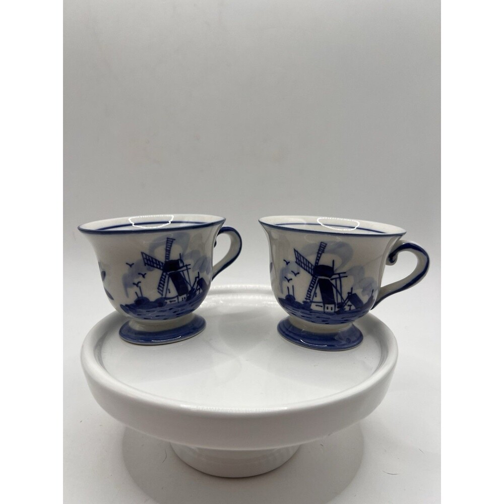 Vintage Hand Painted Delft Blue Holland #28 Footed Cups Set Of 2 Windmill Floral